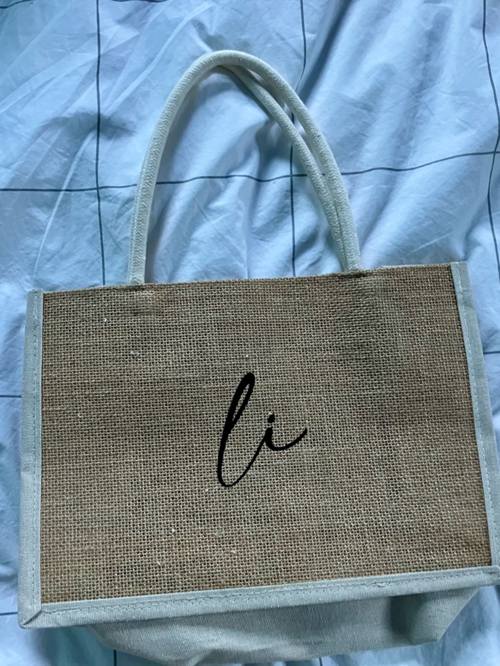 Canvas & Jute Tote Bag with Initial Accent - Natural